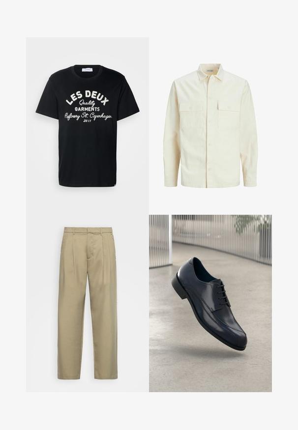 Šviesiai smėlio spalvos ilgomis rankovėmis marškiniai su apykakle, dviem priekinėmis kišenėmis, mygtukų uždarymu ir tekstūruota medžiaga.; Les Deux BARRY - Marškinėliai su spaudiniu - black; Šviesiai rudos, aukšto liemens kelnes su tiesia kirpimu, su plokščiu priekiniu paviršiumi, šoninėmis kišenėmis ir lygiu, tekstūruotu audiniu.; Blizgūs juodi odiniai suknelės batai su raišteliais, skirti pakibti virš lygaus, šviesiai pilko grindų paviršiaus ir vertikalių metalinių strypų fone.