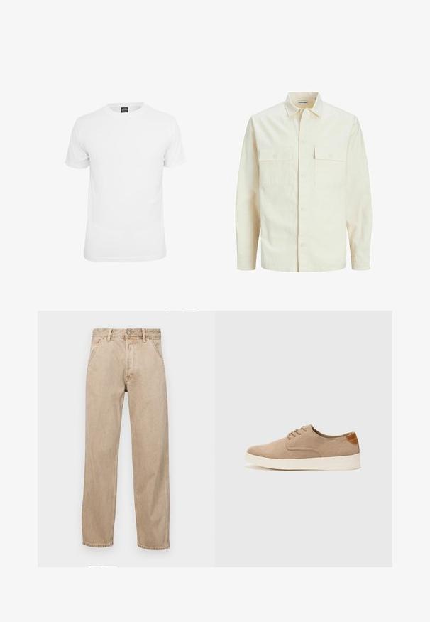 Cămașă lungă cu mâneci lungi de culoare bej deschis, cu guler, două buzunare frontale, închidere cu butoane și un material texturat.; Tricou alb cu mânecă scurtă, din bumbac, cu guler rotund și o textură netedă, destinat purtării casual.; Jeans din denim bej cu un design drept, care prezintă buzunare frontale, închidere cu buton metalic și o textură subtilă.; Tenisi din suede bej cu vârf rotund, sistem de șireturi în față și un accent texturat în spate. Talpa albă din cauciuc oferă un contrast. Design simplu și modern.