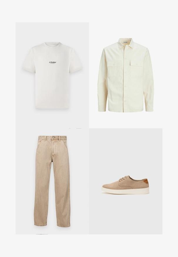 Šviesiai smėlio spalvos ilgomis rankovėmis marškiniai su apykakle, dviem priekinėmis kišenėmis, mygtukų uždarymu ir tekstūruota medžiaga.; Balta medvilnė marškinėliai su trumpomis rankovėmis, kuriuose yra juodas "JJ Studios" logotipas krūtinėje. Apvalus kaklas ir standartinės fasono dizainas.; Smėlio spalvos džinsai su tiesia kojų siluetu, turintys priekinę kišenę, metalinį mygtuką ir subtilią tekstūrą.; Bežiniai zomšiniai sportbačiai su apvaliomis pirštų dalimis, raišteliais priekyje ir tekstūruotu užkulniu. Balta guma suteikia kontrastą. Paprastas ir modernus dizainas.