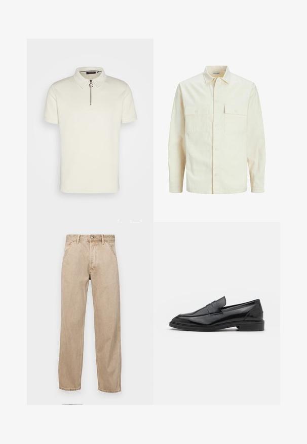 Kergedbež pika-särk pikkade varrukatega, krae ja kahe eespool asuva taskuga, nööpidega kinnitamine ja reljeefne materjal.; Lühikeste käistega polo särk heleses alusel, millel on krae ja pooltõmbe sulgemine ringikujulise tõmblukuga.; Bežidemini teksased sirgjoonise kujundusega, front pocket'itega, metallist nööbi kinnitusega ja peene tekstuuriga.; Mustad nahast loafers, millel on sile viimistlus, ümar varvas ja kitsas riba peal. Madal kühveldatud konts.