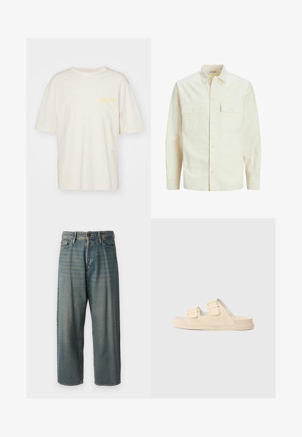 Kergedbež pika-särk pikkade varrukatega, krae ja kahe eespool asuva taskuga, nööpidega kinnitamine ja reljeefne materjal.; Jack & Jones JORMERCADO TEE SS CREW NECK - Trükipildiga T-särk - buttercream; Heledad sinine denim-stiilis teksad, volüümse lõike, keskmise kõrgusega talje ja sirgete säärega. Omab viit taskut, vöökumme ja nööpide sulgemist.; Beesidiga slaidisandaalid kahe reguleeritava rihmaga, siledast sametmaterjalist ja paksu tald nautimiseks. Minimalistlik disain, avatud varvas.