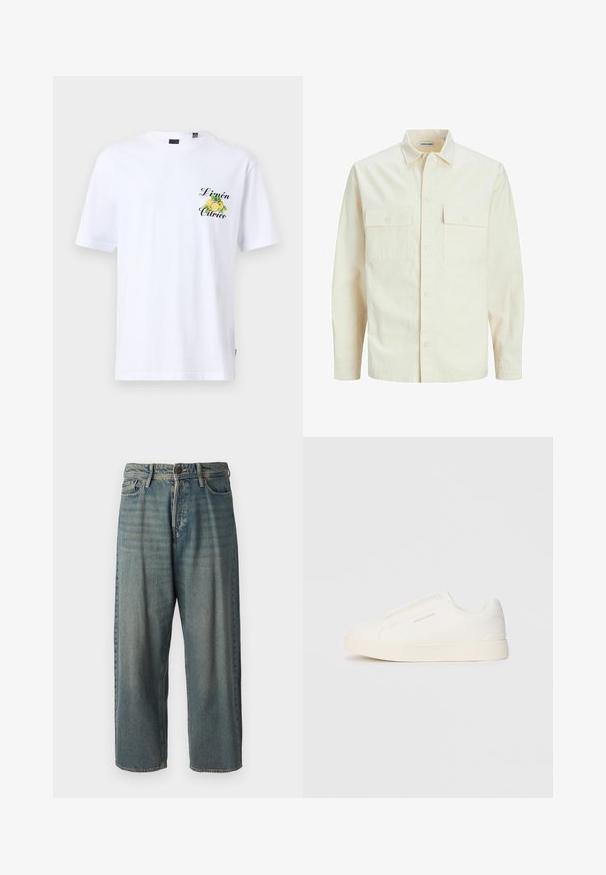 Jasno beżowa koszula z długim rękawem, z kołnierzykiem, dwoma kieszeniami z przodu, zapięciem na guziki i teksturowanym materiałem.; Biała bawełniana koszulka z krótkim rękawem, z zielono-żółtą grafiką cytryny oraz napisem "Limón Cítrico" wydrukowanym na czole w kolorze czarnym.; Jasnoniebieskie dżinsy o luźnym kroju, średnim stanie i prostych nogawkach. Posiadają pięć kieszeni, szlufki na pasek oraz zapięcie na guzik.; Białe sneakersy wsuwane z teksturowanej powierzchni, grubą podeszwą i minimalistycznym designem. Zawierają logo marki z boku.