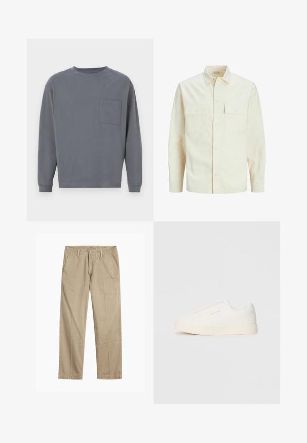 Light beige long-sleeve shirt with a collared neckline, two front pockets, button closure, and a textured fabric.; GAP SUPER SOFT OVERSIZED  - Long sleeved top - shark fin; Beige straight-leg chinos with belt loops, front button and zipper closure, and slant front pockets.; White slip-on sneakers with a textured surface, a thick sole, and minimalistic design. Features brand logo on the side.