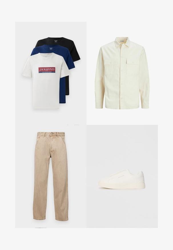 Vaaleanbeige pitkähihaisen paidan, jossa on kaulukset, kaksi etutaskua, nappikiinnitys ja tekstiilissä on tekstuuria.; Kolme päällekkäin olevia lyhythihaisia crew neck -t-paitoja, jotka ovat valkoisia punaisella ja sinisellä logolla, tummansiniset ja mustat, esillä valkoista taustaa vasten.; Beige farkkuhousut suoranlahkeisella muotoilulla, joissa on etutaskut, metallinen nappisulku ja hillitty rakenne.; Valkoiset liukusukat, joissa on teksturoitu pinta, paksu pohja ja minimalistikot. Sivulla on brändin logo.