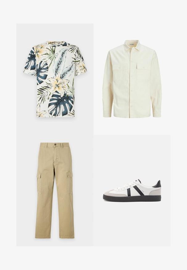 Vaaleanbeige pitkähihaisen paidan, jossa on kaulukset, kaksi etutaskua, nappikiinnitys ja tekstiilissä on tekstuuria.; Lyhythihainen t-paita kevyestä kankaasta, jossa on trooppinen kukka- ja lehtikuvio vihreällä, sinisellä ja keltaisella kreminvärisellä taustalla.; Beige cargo-housut, jotka on valmistettu puuvillasta, ja niissä on kaksi sivutaskua, napp Closure ja suorat lahkeet, joissa on hieman teksturoitu kangas.; Valkoiset lenkkarit mustilla ja harmailla yksityiskohdilla, joissa on teksturoitu harmaa kärki, musta kumipohja ja litteät valkoiset nauhat. Siisti muotoilu, minimalistinen tyyli.