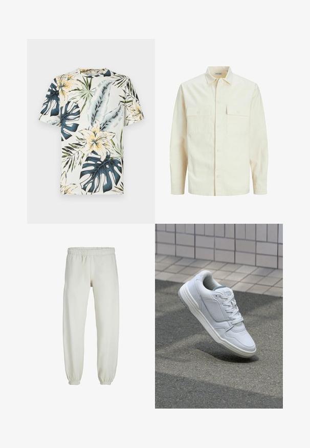 Lys beige langærmet skjorte med krave, to forlommer, knaplukning og et tekstureret stof.; Kortærmet t-shirt i let stof med et tropisk blomstermotiv og bladprint i grøn, blå og gul på en cremefarvet baggrund.; Hvide sweatpants lavet af blødt stof, med elastisk talje og håndled, der har en glat tekstur og løs pasform.; Hvide lædersneakers med perforerede sider, teksturerede detaljer, flade snørebånd og en kontrasterende grå hæl. Har en let forhøjet sål.