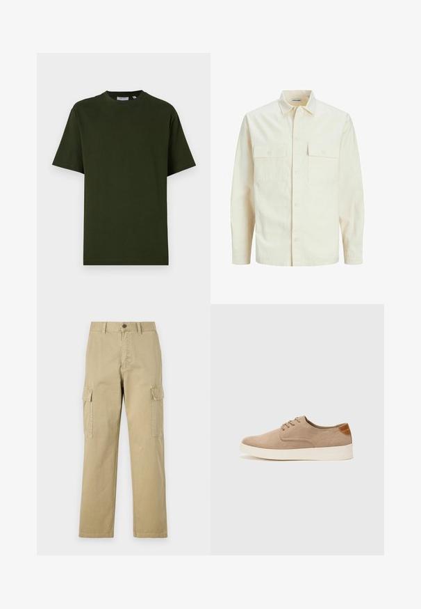 Svetlo béžová košeľa s dlhým rukávom, s golierom, dvoma prednými vreckami, zapínaním na gombíky a textúrovanou látkou.; Tmavozelené tričko s krátkymi rukávmi vyrobené z bavlny. Okrúhly výstrih, voľný strih a hladký povrch bez viditeľných vzorov alebo akcentov.; Bežové cargo nohavice vyrobené z bavlny, s dvoma bočnými vreckami, zapínaním na gombík a rovným strihom s mierne textúrovanou tkaninou.; Béžové semišové tenisky s okrúhlou špičkou, šnurovaním vpredu a textúrovaným zadným akcentom. Biela gumová podrážka poskytuje kontrast. Jednoduchý a moderný dizajn.