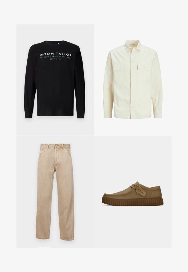 Kergedbež pika-särk pikkade varrukatega, krae ja kahe eespool asuva taskuga, nööpidega kinnitamine ja reljeefne materjal.; Musta pikad varrukad T-särk, mis on valmistatud puuvillast, omab ümarat kaelust ning esiosas on valgete tähtedega bränding "TOM TAILOR AUTHENTIC DENIM DEPARTMENT".; Bežidemini teksased sirgjoonise kujundusega, front pocket'itega, metallist nööbi kinnitusega ja peene tekstuuriga.; Kerged pruunist nahksoost kingad, millel on ümar varvas, õmblustega detailid ja soonikkoes pruun kummitald. Omab külje peal sildi, millel on "Clarks" logo.