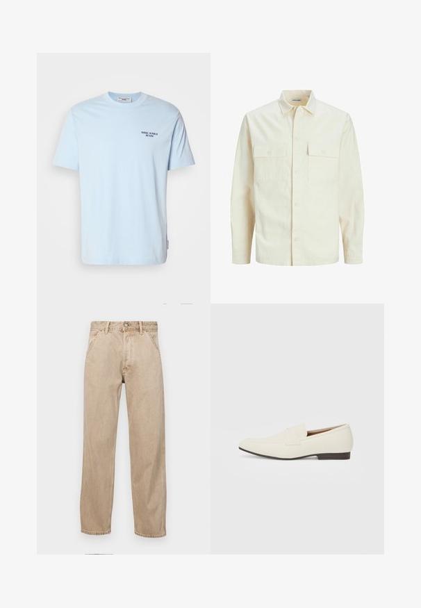 Svetlo béžová košeľa s dlhým rukávom, s golierom, dvoma prednými vreckami, zapínaním na gombíky a textúrovanou látkou.; Svetlomodré bavlnené tričko s okrúhlym výstrihom, krátkymi rukávmi a malým tmavým potlačou, na ktorej je napísané "MARC O’POLO DENIM" na hrudi.; Bežové denimové rifle so strihom rovného nohu, s prednými vreckami, kovovým zapínaním na gombík a jemnou textúrou.; Svetlé béžové mokasíny s špicatou špičkou, hladkým materiálom, pásikom cez vamp a nízkou hnedou podrážkou. Jednoduchý dizajn s minimálnymi akcentmi.