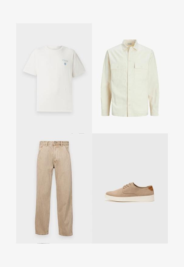 Šviesiai smėlio spalvos ilgomis rankovėmis marškiniai su apykakle, dviem priekinėmis kišenėmis, mygtukų uždarymu ir tekstūruota medžiaga.; Balta medvilninė marškinė su įgula, trumpomis rankovėmis ir mėlyna "MYKONOS" grafika kairėje krūtinės pusėje, su apvaliu dizaino elementu.; Smėlio spalvos džinsai su tiesia kojų siluetu, turintys priekinę kišenę, metalinį mygtuką ir subtilią tekstūrą.; Bežiniai zomšiniai sportbačiai su apvaliomis pirštų dalimis, raišteliais priekyje ir tekstūruotu užkulniu. Balta guma suteikia kontrastą. Paprastas ir modernus dizainas.