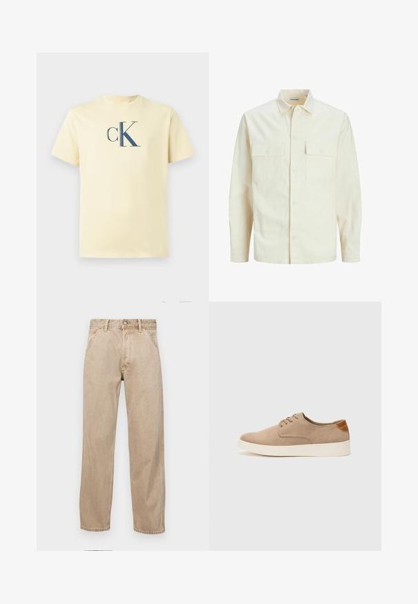 Šviesiai smėlio spalvos ilgomis rankovėmis marškiniai su apykakle, dviem priekinėmis kišenėmis, mygtukų uždarymu ir tekstūruota medžiaga.; Šviesiai geltona medvilninė marškinė su tamsiai mėlynu „ck“ logotipu, išdėstytu centre ant krūtinės, ir apvaliu kaklu bei trumpomis rankovėmis.; Smėlio spalvos džinsai su tiesia kojų siluetu, turintys priekinę kišenę, metalinį mygtuką ir subtilią tekstūrą.; Bežiniai zomšiniai sportbačiai su apvaliomis pirštų dalimis, raišteliais priekyje ir tekstūruotu užkulniu. Balta guma suteikia kontrastą. Paprastas ir modernus dizainas.