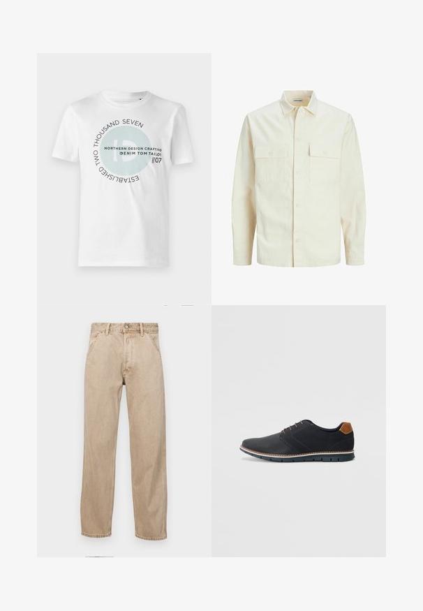 Gai bēšs garām piedurknēm krekls ar apkakles izgriezumu, divām priekšējām kabatām, pogu aizdari un teksturētu audumu.; Baltas kokvilnas t-krekls ar apaļu grafiku, kurā redzami "ID" un tekstu elementi melnā un gaiši zilā krāsā. Klasiska apaļa kakla izgriezums un īsas piedurknes.; Beige džinsi ar taisnu kāju dizainu, ar priekšējiem kabatām, metāla pogu aizdari un smalku faktūru.; Melni sintētiskie apavi ar struktūru augšdaļā, gludu akcentu, brūnu papēdi un kontrastējošu zoli. Iezīmē minimālu šņorēšanu un šuvju detaļas.