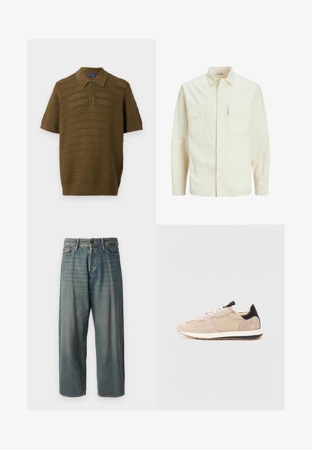 Kergedbež pika-särk pikkade varrukatega, krae ja kahe eespool asuva taskuga, nööpidega kinnitamine ja reljeefne materjal.; Lühikese varrukaga polo särk oliivirohelises värvitoonis, millel on tekstuuriga avatud kudumise muster, horisontaalsed triibud ning soonikkoes krae ja äär.; Heledad sinine denim-stiilis teksad, volüümse lõike, keskmise kõrgusega talje ja sirgete säärega. Omab viit taskut, vöökumme ja nööpide sulgemist.; Beigi nahast tennisetossud suletud paneelide, valgete paelte ja musta kandja aktsendiga. Paks valge tald musta ribaga lisab kontrasti.