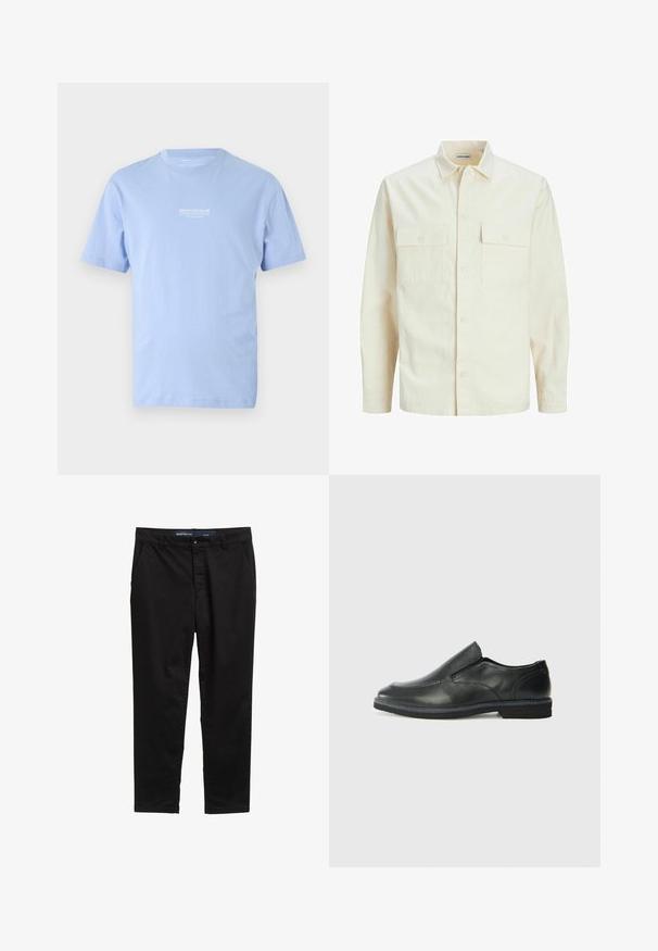 Lichtbeige langemouwen shirt met een kraaghalslijn, twee voorzakken, knoopsluiting en een gestructureerde stof.; Lichtblauwe T-shirt met korte mouwen en ronde hals, met kleine witte tekst "DENIM TOM TAILOR" gecentreerd op de borst.; Zwarte chino's gemaakt van een katoenmix. Heeft een rechte pijpdesign, twee zijzakken en een metalen knoopsluiting in de taille.; Zwarte leren instapper met een soepele bovenkant, gestikte accenten, ronde neus en een lage rubberen hak. De zool heeft minimale profiel.