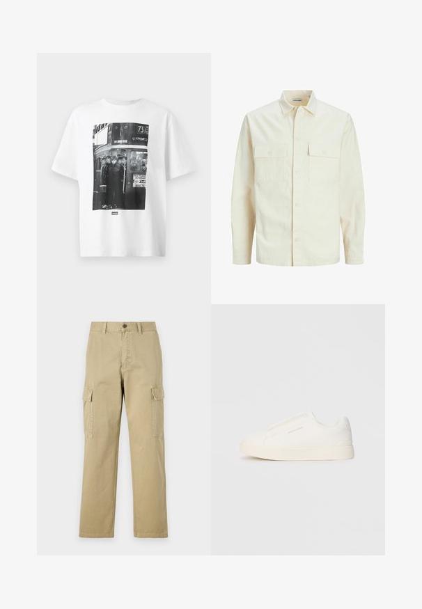 Hellbeige Langarmhemd mit klassischem Kragen, zwei Fronttaschen, Knopfverschluss und strukturiertem Stoff.; Weißes Baumwoll-T-Shirt mit einem schwarz-weißen Foto-Druck von vier Figuren in einem Bus, ergänzt durch Texte und Grafiken, die mit einem Theater und einer Buslinie verbunden sind.; Beige Cargo-Hosen aus Baumwolle, mit zwei Seitentaschen, einem Knopfverschluss und geraden Beinen aus einem leicht strukturierten Stoff.; Weiße Slip-On-Sneaker mit einer strukturierten Oberfläche, dicker Sohle und minimalistischem Design. Mit Logo der Marke an der Seite.
