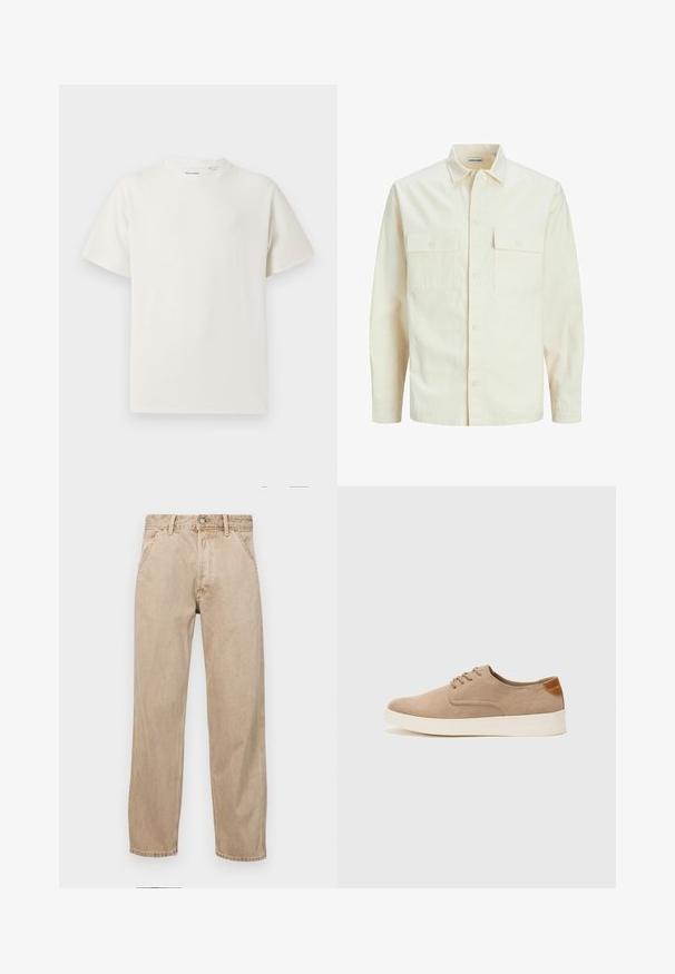 Camisa de manga larga color beige claro con cuello, dos bolsillos frontales, cierre de botones y una tela texturizada.; Camiseta blanca de manga corta en textura acanalada. Cuello redondo, corte relajado, sin patrones ni acentos visibles. Diseño simple y versátil.; Jeans de mezclilla beige con un diseño de pierna recta, que cuentan con bolsillos frontales, cierre de botón de metal y una textura sutil.; Zapatillas de ante beige con puntera redondeada, cordones en la parte delantera y un acento texturizado en la parte trasera. La suela de goma blanca proporciona contraste. Diseño sencillo y moderno.