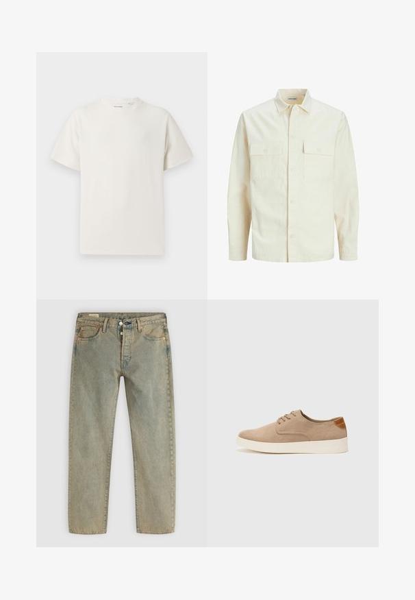 Cămașă lungă cu mâneci lungi de culoare bej deschis, cu guler, două buzunare frontale, închidere cu butoane și un material texturat.; Tricou alb cu maneci scurte, dintr-un material ribbed. Guler rotund, croi lejer, fără modele sau accente vizibile. Design simplu și versatil.; Jeanși drepți cu spălare deschisă, cu închidere frontală cu buton, cinci buzunare, bucle pentru curea și detalii cu nituri din cupru.; Tenisi din suede bej cu vârf rotund, sistem de șireturi în față și un accent texturat în spate. Talpa albă din cauciuc oferă un contrast. Design simplu și modern.