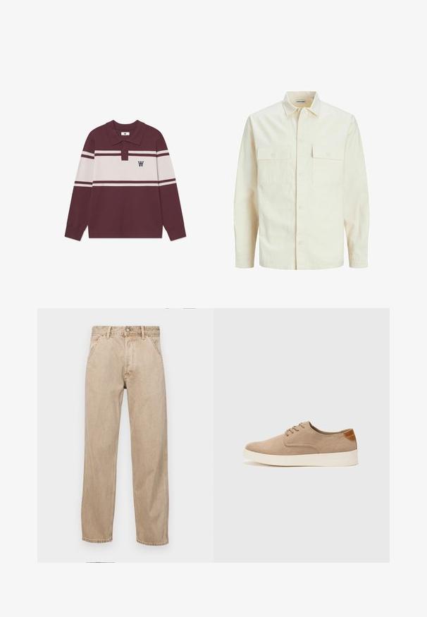 Hellbeige Langarmhemd mit klassischem Kragen, zwei Fronttaschen, Knopfverschluss und strukturiertem Stoff.; Langärmeliges bordeauxfarbenes Poloshirt mit weißen horizontalen Streifen, zwei Knöpfen und einem schwarzen "W"-Logo auf der linken Brust.; Beige Denim-Jeans mit geradem Beinschnitt, ausgestattet mit Vordertaschen, einem Metallknopfverschluss und feiner Textur.; Beige Wildleder-Sneaker mit runder Zehenpartie, Schnürung und strukturiertem Rückenteil. Die weiße Gummisohle sorgt für einen Kontrast. Einfaches und modernes Design.