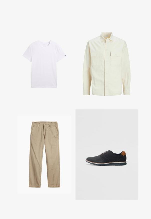 Gai bēšs garām piedurknēm krekls ar apkakles izgriezumu, divām priekšējām kabatām, pogu aizdari un teksturētu audumu.; Balts kokvilnas T-krekls, ar apģērba kaklu, īsām piedurknēm, gluda tekstūra, bez rakstiem. Uz kreisās piedurknes ir neliels logo.; Beigās taisnās kājas chinos bikses ar jostas cilpām, priekšējo pogu un rāvējslēdzēja aizdari, kā arī slīpām priekšējām kabatām.; Melni sintētiskie apavi ar struktūru augšdaļā, gludu akcentu, brūnu papēdi un kontrastējošu zoli. Iezīmē minimālu šņorēšanu un šuvju detaļas.