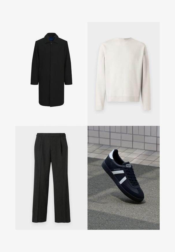 Sort uldfrakke med lige snit, knaplukning, stort krave og to sidelommer. Glat tekstur og minimalistisk design.; Lysegrå strikket sweater med lange ærmer, rund halsudskæring og ribbede mansjetter. Blød tekstur, afslappet pasform og uden synlige mønstre.; Sorte vidde bukser med elastisk talje, plisseret front og glat tekstur. Ingen synlige mønstre eller hardwaredetaljer.; Sort lædersneaker med hvide striber, tekstureret gummisål og snørrebånd foran. Har et brandet mærke på tungen.