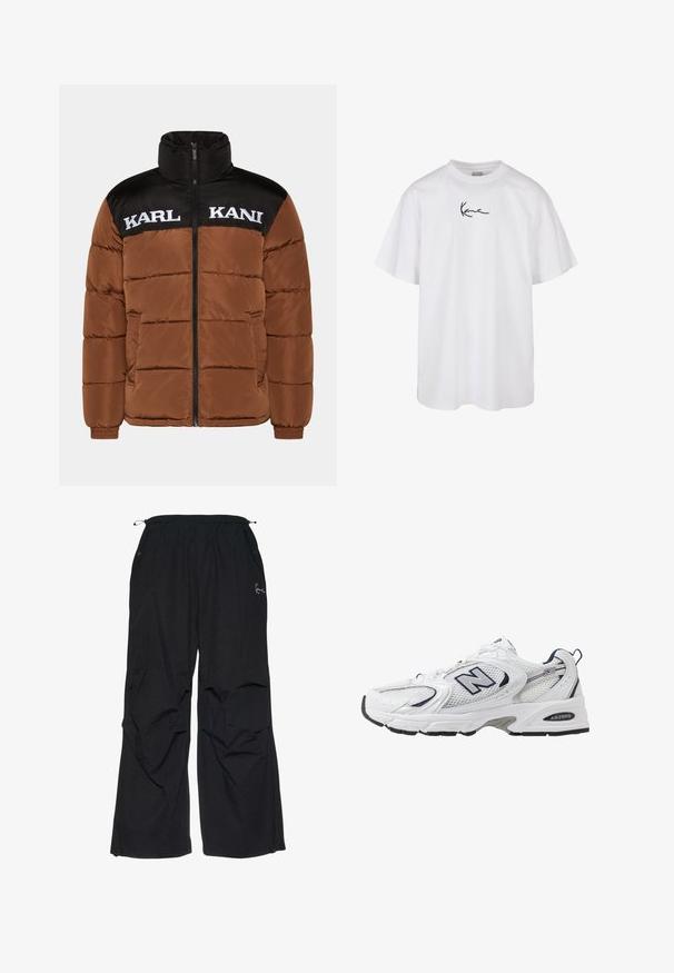 Chaqueta de abrigo marrón con sección superior negra. Cuenta con un alto cuello, cierre frontal de cremallera, texto del logo en blanco y acolchado con costuras.; Camiseta de algodón blanca con escote redondo y mangas cortas, con un logotipo bordado en negro centrado en el pecho.; Pantalones negros, holgados, con una cinturilla elástica, dos bolsillos laterales y un discreto logo bordado en la parte frontal. Tejido ligero.; Zapatilla deportiva blanca con parte superior de malla, acentos en azul marino y suela acolchada. Presenta el logo "N", cordones y detalle texturizado en el lateral.