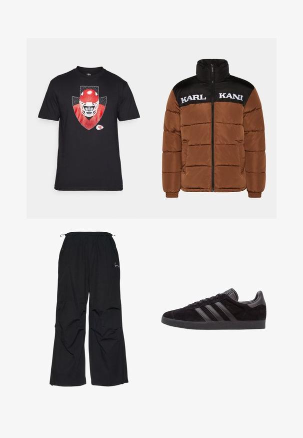 Hnědá péřová bunda s černou horní částí. Obsahuje vysoký límec, přední zip, bílé logo a prošívané polstrování.; Černé bavlněné tričko s grafickým motivem červené fotbalové helmy na šedém štítu, s malým bílým logem týmu v dolním rohu.; Černé, volné kalhoty s elastickým pasem, dvěma bočními kapsami a jemně vyšitým logem na přední straně. Lehká látka.; Černé semišové sneakers s texturovanou gumovou podrážkou, s třemi černými koženými pruhy, zaoblenou špičkou a polstrovaným límcem kolem kotníku.