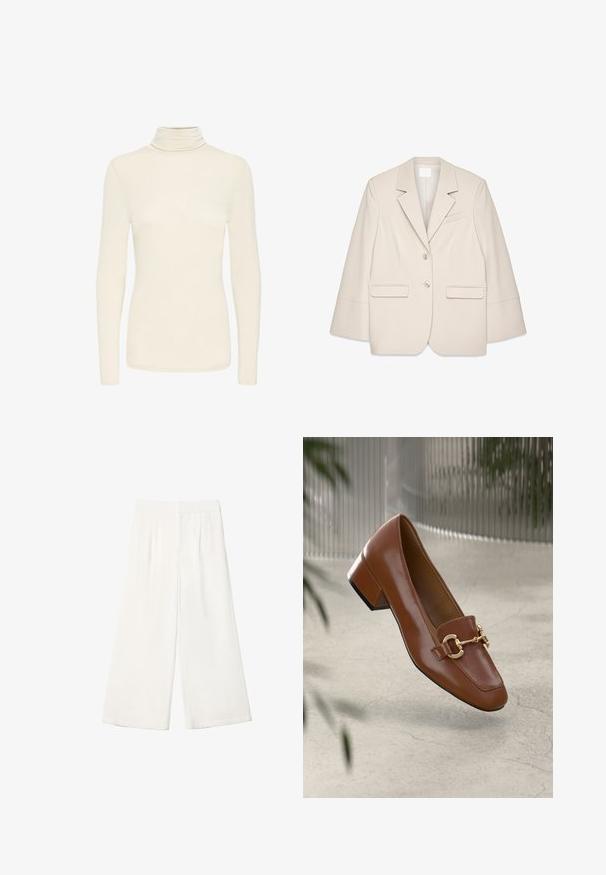 Beige skræddersyet blazer med slagkrave, to frontlommer og to knapper. Har strukturerede skuldre og en firkantet silhuet.; Cremefarvet langærmet turtleneck top med slim fit og glat stoftekstur, præsenteret på en ensfarvet hvid baggrund.; Hvide vide bukser lavet af et glat stof. Har en flad talje og vertikale folder for ekstra detalje.; Brun patentlæder loafers med firkantet tå, metallisk kædeaccent og lav blokhæl; glat tekstur, minimalistisk design.