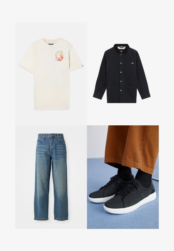 Chaqueta negra hecha de un tejido resistente con un cuello de pana, cierre frontal de botones, dos grandes bolsillos y un logotipo en parche en el pecho.; Camiseta de algodón crema con mangas cortas y un corte relajado, que presenta un gráfico colorido de un astronauta en el lado izquierdo del pecho.; Jeans de mezclilla ancha de color azul claro con una cintura alta, cinco bolsillos y un acabado ligeramente desgastado. Cuenta con un cierre de botón y cremallera.; Zapatillas de ante negro con suelas de goma blanca, que presentan un diseño con cordones, acentos texturizados y una marca sutil, combinadas con pantalones marrones.