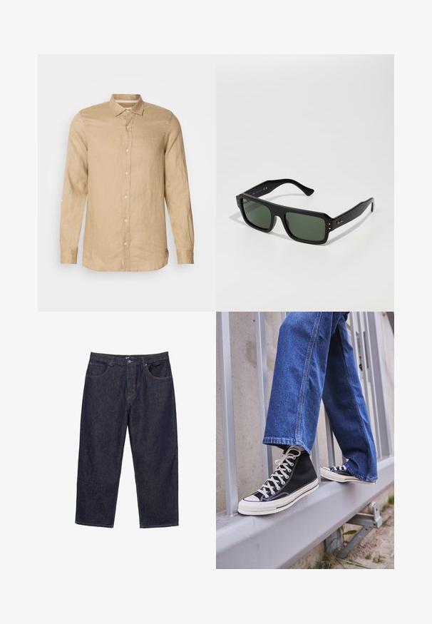 Ruskea pitkä takki, jossa on kaulus, nappilista ja raglan-hihat. Silkkinen kangas, jossa on maltillinen kiilto eikä näkyviä kuvioita.; Vaalean beige pitkähihaisessa paidassa on pellavaa, napitettava etuosa, pehmeä rakenne ja kaulus. Sisältää rullattavan hihadetaljin.; Tummansiniset suorat farkut etuosan napilla ja vetoketjulla, joissa on viisi taskua, esitelty valkoista taustaa vasten.; Mustat high-top tennarit valkoisella pohjalla ja nauhoilla, yhdistettynä väljään sinisiin farkkuihin, lepäävät harmaalla kaiteella.; Musta suorakulmainen aurinkolasit vihreillä linsseillä, joissa on kultaisia yksityiskohtia ja paksu muovikehys. Rakenne muistuttaa karheaa otetta varrelle.