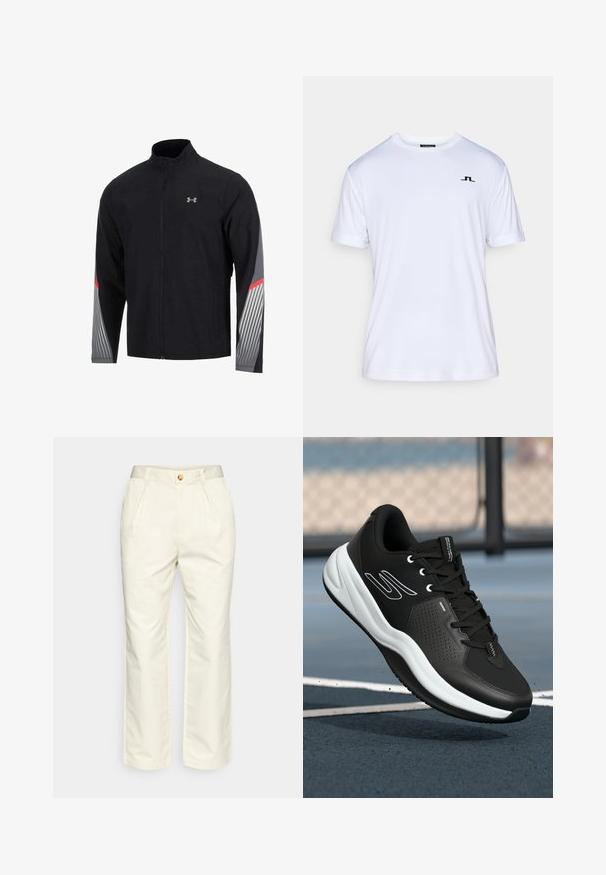 Zwarte sportjack met een hoge kraag en voorkeursrits. Voorzien van grijze en rode accenten op de mouwen, met een gestreept patroon op de grijze delen.; Witte T-shirt met korte mouwen, gemaakt van soepele stof, met een subtiele zwarte logo op de linkerkant van de borst. Ronde hals en een losse pasvorm.; Witte katoenen broeken met een relaxte pasvorm, voorzien van voorplooien en een knoopsluiting. De stof heeft een gladde textuur.; Zwarte sportieve schoenen met een gestructureerde bovenkant, witte accenten en een gevoerde witte zool. Voorzien van veters en een geperforeerd ontwerp voor ademend vermogen.