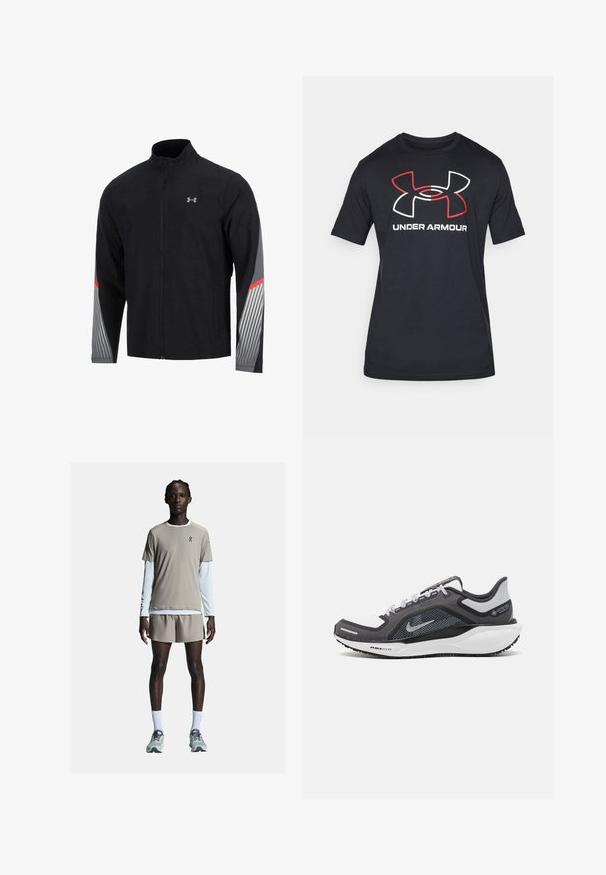 Chaqueta deportiva negra con cuello alto y cremallera frontal. Presenta acentos en gris y rojo en las mangas, con un patrón a rayas en las áreas grises.; Camiseta negra de manga corta hecha de tela ligera, con un gran logo de Under Armour en rojo y blanco en el frente.; On PERFORMANCE - Shorts - cinder; Zapatilla deportiva negro y gris con parte superior de malla, acentos reflectantes y una entresuela blanca. Presenta una suela de goma texturizada y cordones.