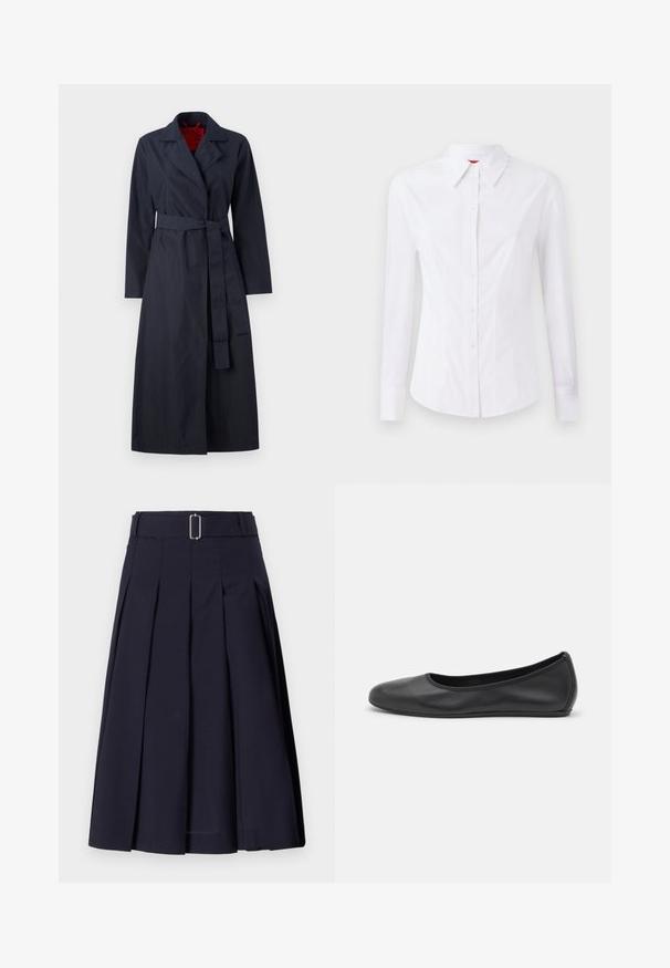 MAX&Co. TECNOLONG - Trenssi - navy; Valkoinen pitkähihaine paita, jossa on terävä kaulus, edessä napitus ja muotoiltu malli. Sileä puuvillakangas, jossa on hienovaraisia ompeluyksityiskohtia.; Laivaston sininen lyhyt hame, jossa on kangasvyö ja suorakulmainen hope buckle, tarjoaa flare-silhuetin ja sileän pinnan.; Musta nahkainen ballerina, jossa on pyöristetty kärki, sileä pinta, minimaalinen ommelkoristelu ja joustava pohjamuotoilu.