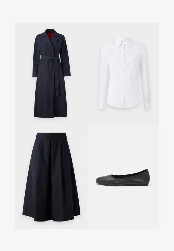 MAX&Co. TECNOLONG - Šineļveida mētelis - navy; Balta garām piedurknēm krekls ar norādītu apkakli, priekšējo pogu aizdari un pieguļošu piegriezumu. Viegla kokvilnas auduma ar smalkiem šuvju akcentiem.; Melna A-line svārku no gludas auduma, kas piedāvā ieloces un platu jostu. Svārki krīt tieši virs potītēm.; Melna ādas baleta kurpe ar noapaļotu purngalu, gludu tekstūru, minimālu šuvju detalizāciju un elastīgu zoles dizainu.