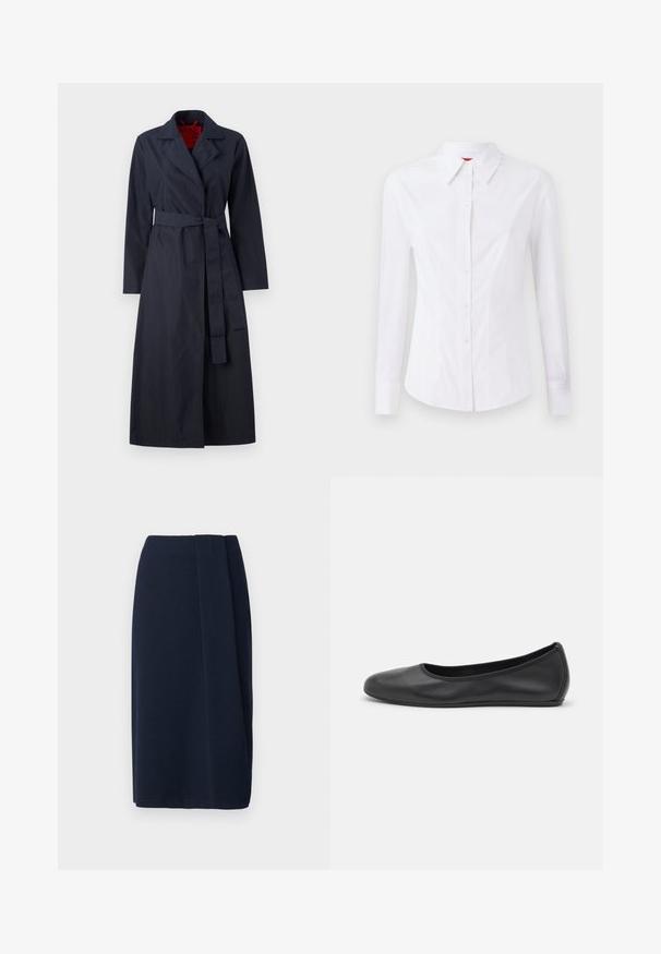 MAX&Co. TECNOLONG - Šineļveida mētelis - navy; Balta garām piedurknēm krekls ar norādītu apkakli, priekšējo pogu aizdari un pieguļošu piegriezumu. Viegla kokvilnas auduma ar smalkiem šuvju akcentiem.; Tumši jūras spēka krāsas zīda svarka ar gludu tekstūru, ar sānu drapējuma detaļu. Izgatavota no mīksta auduma, tā ir taisna dizaina un ceļgala garumā.; Melna ādas baleta kurpe ar noapaļotu purngalu, gludu tekstūru, minimālu šuvju detalizāciju un elastīgu zoles dizainu.