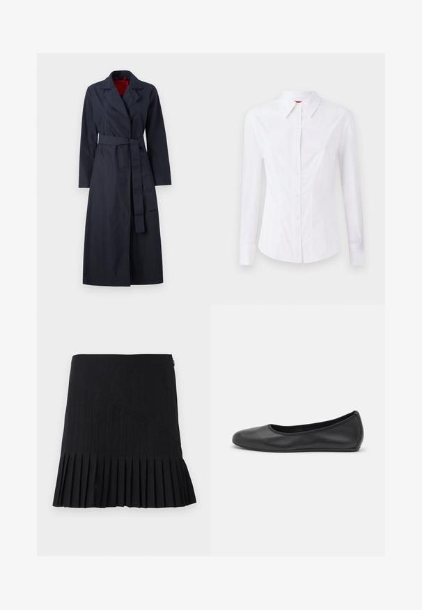 MAX&Co. TECNOLONG - Trenčkot - navy; Biela dlhá košeľa s dlhými rukávmi, špicatým golierom, predným zapínaním na gombíky a priliehavým strihom. Hladká bavlnená tkanina s jemnými švovými detailmi.; Čierna plisovaná sukňa s prešitými diagonálnymi panelmi, priliehavým pásom a rozšíreným lemom. Materiály pôsobia ľahko a hladko.; Čierne kožené baleríny s okrúhlou špičkou, hladkým povrchom, minimálnym prešívaním a flexibilným dizajnom podrážky.