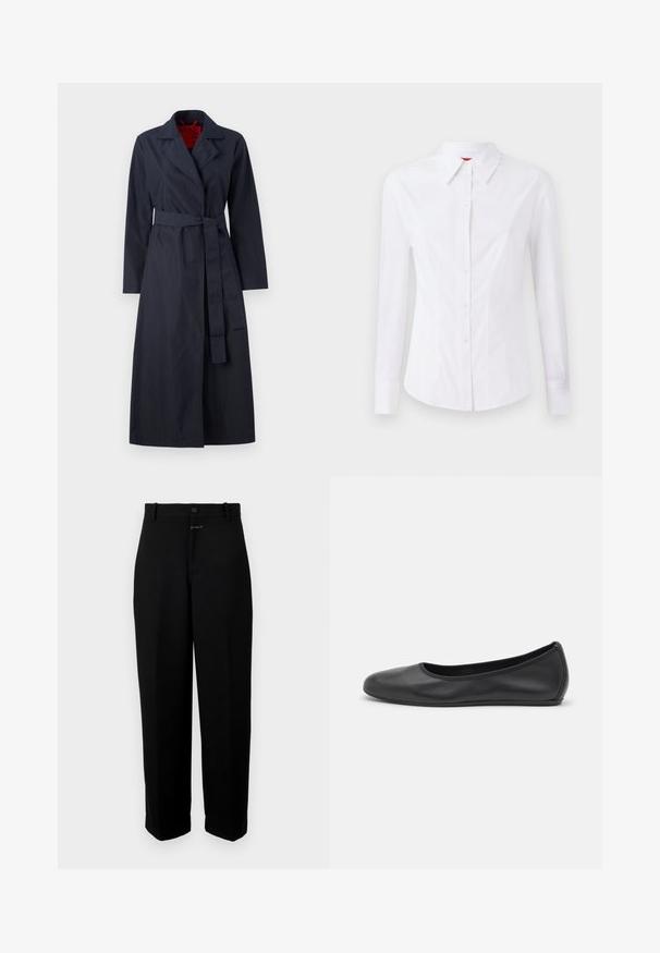 MAX&Co. TECNOLONG - Ballonkabát - navy; Fehér, hosszú ujjú ing, hegyes gallérral, elöl gombos záródással és szűkített fazonnal. Sima pamut anyag, finom varrási részletekkel.; Fekete nadrág sima anyagból, gombos záródással, övbújtatókkal és egyenes szárú kivitelben.; Fekete bőr balettcipő lekerekített orral, sima tekstúrával, minimális varrással és rugalmas talp kialakítással.