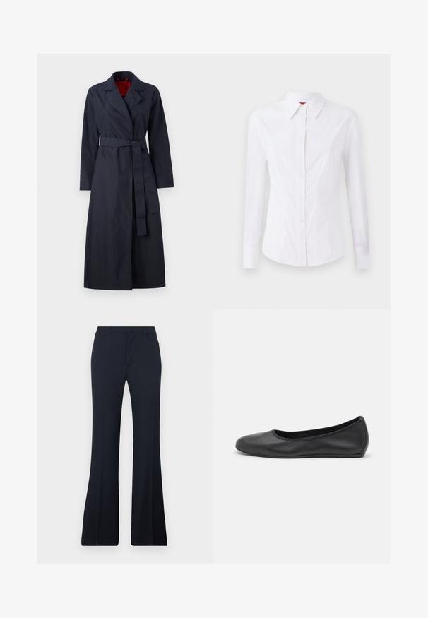 MAX&Co. TECNOLONG - Trentšmantel - navy; Valge pikkade varrukatega särk terava kraega, ees nupuga kinnitatud ja keha lähedalt lõigatud. Sile puuvillane kangas peente õmblusdetailidega.; Laiad mustad püksid, mis on valmistatud kergest kangast, millel on keskmise kõrgusega vöökoht, kaks esikotti ja sile tekstuur ilma mustriteta.; Musthave mustika tantsutossud mustast nahast, ümmarguse varbaga, siledast tekstuurist, minimaalse õmblusdetailiga ja paindliku tallakujundusega.