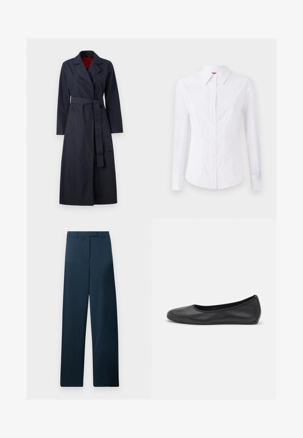 MAX&Co. TECNOLONG - Trentšmantel - navy; Valge pikkade varrukatega särk terava kraega, ees nupuga kinnitatud ja keha lähedalt lõigatud. Sile puuvillane kangas peente õmblusdetailidega.; Tumesinine lõtkuga püksid, millel on sile tekstuur, lame esiosa ja vöökohad. Omab minimalistikku disaini ning nähtavad mustrid või aksessuaarid puuduvad.; Musthave mustika tantsutossud mustast nahast, ümmarguse varbaga, siledast tekstuurist, minimaalse õmblusdetailiga ja paindliku tallakujundusega.