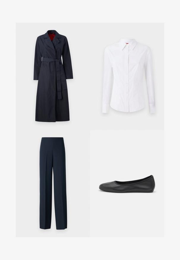 MAX&Co. TECNOLONG - Trentšmantel - navy; Valge pikkade varrukatega särk terava kraega, ees nupuga kinnitatud ja keha lähedalt lõigatud. Sile puuvillane kangas peente õmblusdetailidega.; Tumed sinised laiad püksid siledast materjalist, lame vöökoht ja nähtamatud kinnituse üksikasjad. Mugava istuvuse tagamiseks õmmeldud.; Musthave mustika tantsutossud mustast nahast, ümmarguse varbaga, siledast tekstuurist, minimaalse õmblusdetailiga ja paindliku tallakujundusega.