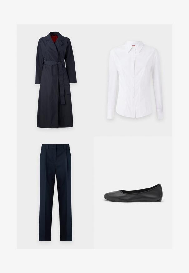 MAX&Co. TECNOLONG - Trenchcoat - navy; Hvid langærmet skjorte med spids krave, frontlukning med knapper og tætsiddende design. Glat bomuldsstof med subtile syninger.; Marineblå skræddersyede bukser med en glat tekstur, der har en flad front, dobbelte folder og manchetter ved anklerne.; Sort læderballetsko med rund tå, glat tekstur, minimal syning og et fleksibelt såldesign.