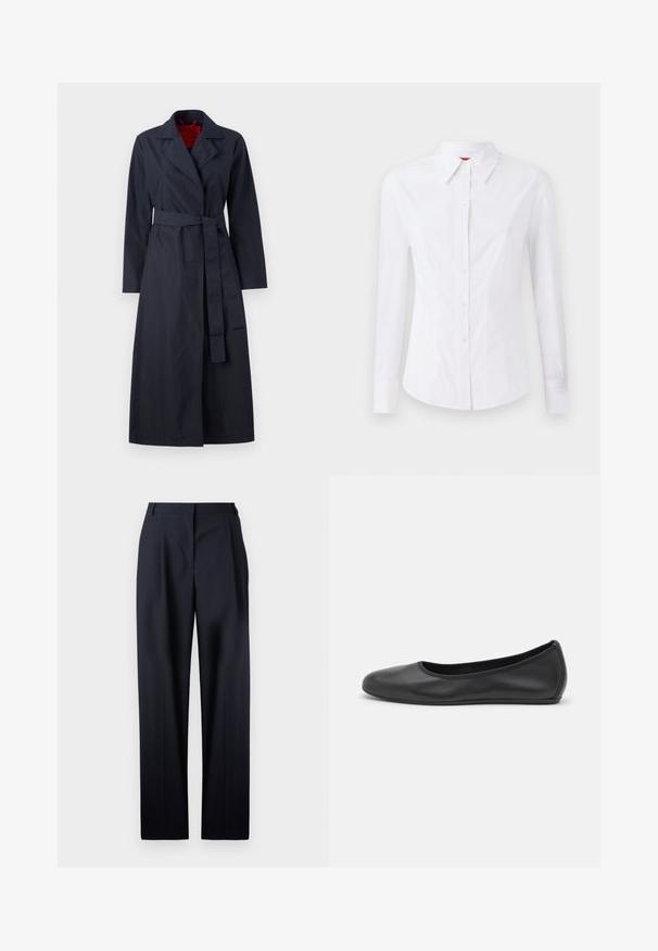 MAX&Co. TECNOLONG - Šineļveida mētelis - navy; Balta garām piedurknēm krekls ar norādītu apkakli, priekšējo pogu aizdari un pieguļošu piegriezumu. Viegla kokvilnas auduma ar smalkiem šuvju akcentiem.; OFFICINE GENERALE NEW SOPHIE FRESCO - Auduma bikses - dark navy; Melna ādas baleta kurpe ar noapaļotu purngalu, gludu tekstūru, minimālu šuvju detalizāciju un elastīgu zoles dizainu.