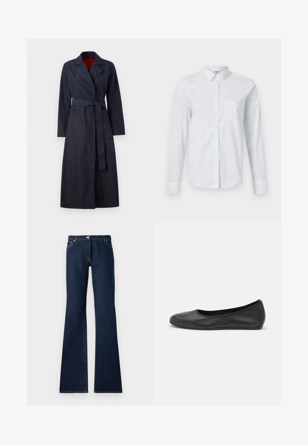 MAX&Co. TECNOLONG - Šineļveida mētelis - navy; Balts garās piedurknes krekls, izgatavots no kokvilnas. Tam ir pogājams priekšpuse, norādīta apkakle un krūšu kabata kreisajā pusē.; Tumši zili platā kāju džinsi, kas izgatavoti no denima, ar piecām kabatām, jostas cilpiņām un kontrastējošu dzeltenu šuvju izšuvumu.; Melna ādas baleta kurpe ar noapaļotu purngalu, gludu tekstūru, minimālu šuvju detalizāciju un elastīgu zoles dizainu.