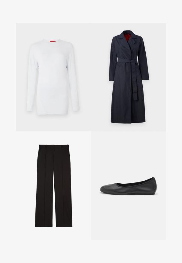 MAX&Co. TECNOLONG - Lietpaltis - navy; Ilgų rankovių baltas marškinėlis, pagamintas iš minkštos medžiagos, su apvaliu iškirpimu ir įstrižais siūlės akcentais, suteikiančiais tekstūruotą išvaizdą. Raudona prekės ženklo etiketė.; Balta ilga rankovė marškiniai su smailiu apykakle, priekyje su mygtukų uždarymu ir prigludusiu dizainu. Lygus medvilnės audinys su subtiliais siuvimo detalėmis.; Juodos pritaikytos kelnės, pagamintos iš lygaus audinio, su tiesiomis kojomis ir dviem šoniniais kišenėmis. Elegantiška ir minimalistinė konstrukcija.; Juodai odiniai baletai su apvaliu pirštu, lygi texture, minimalus siuvimo detales ir lanksčiu padų dizainu.