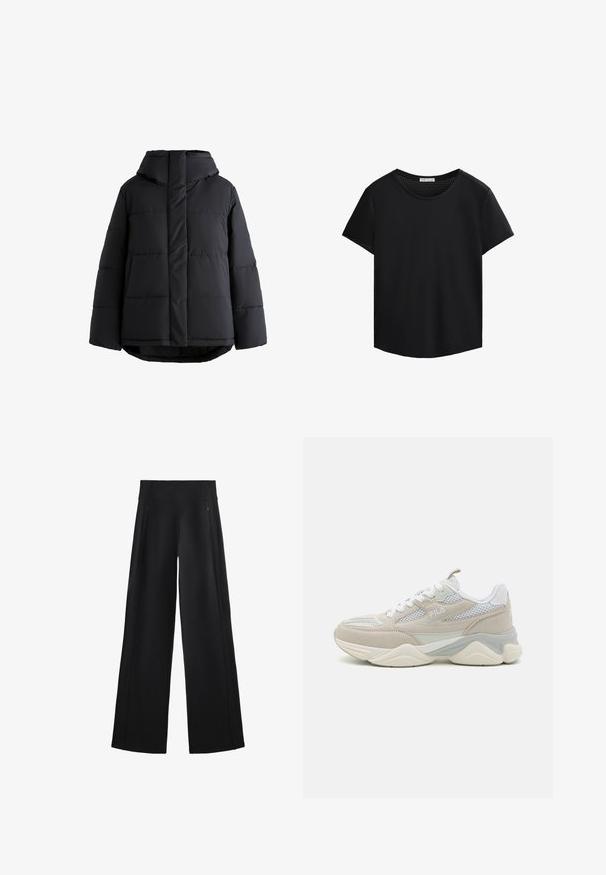 Mustapuffer takki, jossa on huppu, tilkkutäkkikuvio, pehmeä texture ja löysä siluetti. Edessä vetoketjusuljenta ja pidennetty helma.; Mustat lyhythihaiset T-paidat, joissa on pyöreä pääntie ja rei'itetty verkko-ominaisuus olkapäillä. Suuri kangas, rento istuvuus, kaareva helma.; Mustat, leveälahkeiset housut, jotka on valmistettu pehmeästä kankaasta. Niissä on korkea vyötärö ja kaksi vetoketjullista taskua, sekä huomaamattomat saumat sivuilla.; Beige ja valged spordijalatsid, mis on valmistatud nahast ja võrkkangast, varustatud paksu tallaga, paeltega ees ja küljes logoga.