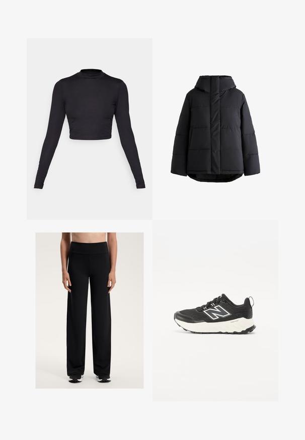 Black puffer jacket with a hood, featuring a quilted design, soft texture, and a loose silhouette. Front zipper closure and drop hem.; Black long-sleeve crop top with a high neck. Made of ribbed fabric, featuring fitted sleeves and a clean, seamless hem detail.; Black wide-leg athletic pants with a high waistband. Made from smooth, stretchy fabric, featuring a relaxed fit and subtle texture.; Black athletic shoes with a textured fabric upper, contrasting white midsole, and a prominent grey logo on the side. Rubber sole with traction.