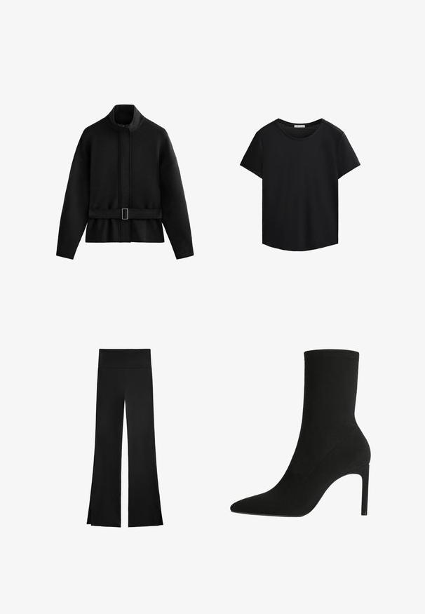 Schwarzes, übergroßes Sweatshirt mit hohem Kragen, Reißverschluss vorne und tailliertem Bund. Weicher Stoff mit langen, leicht gesenkten Ärmeln.; Schwarzes T-Shirt mit kurzen Ärmel und Rundhalsausschnitt, mit durchbrochener Mesh-Besatzung an den Schultern. Glatte Stoffqualität, lockere Passform, abgerundeter Saum.; Schwarze Hose mit weitem Bein, ausgestattet mit einem hohen Bund und seitlichen Schlitzen für zusätzliche Bewegungsfreiheit. Hergestellt aus einem glatten, elastischen Stoff.; Schwarzer Knöchelstiefel aus weichem Wildleder, mit einer spitzen Zehe und hohen Stiletto-Absätzen. Minimalistisches Design ohne sichtbare Beschläge oder Muster.