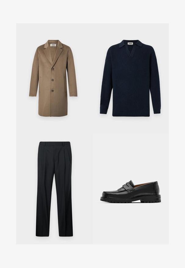 Brązowy wełniany płaszcz z wykładanym kołnierzem, trzema guzikami, bocznymi kieszeniami i gładką teksturą. Dopasowany krój o klasycznym wzornictwie.; Niebieski sweter ze splotem w prążki, z dekoltem w kształcie litery V, krótkim kołnierzykiem i długimi rękawami. Wykonany z miękkiego materiału o teksturowanym wykończeniu.; Czarne spodnie damskie z zakładkami, wykonane z gładkiej tkaniny. Posiadają prosty krój, pas z szlufkami i brak kieszeni. Prosty design.; Czarne skórzane mokasyny mają wyraźny szew, dwa dekoracyjne paski na górze oraz grubą, teksturowaną podeszwę dla lepszej przyczepności.
