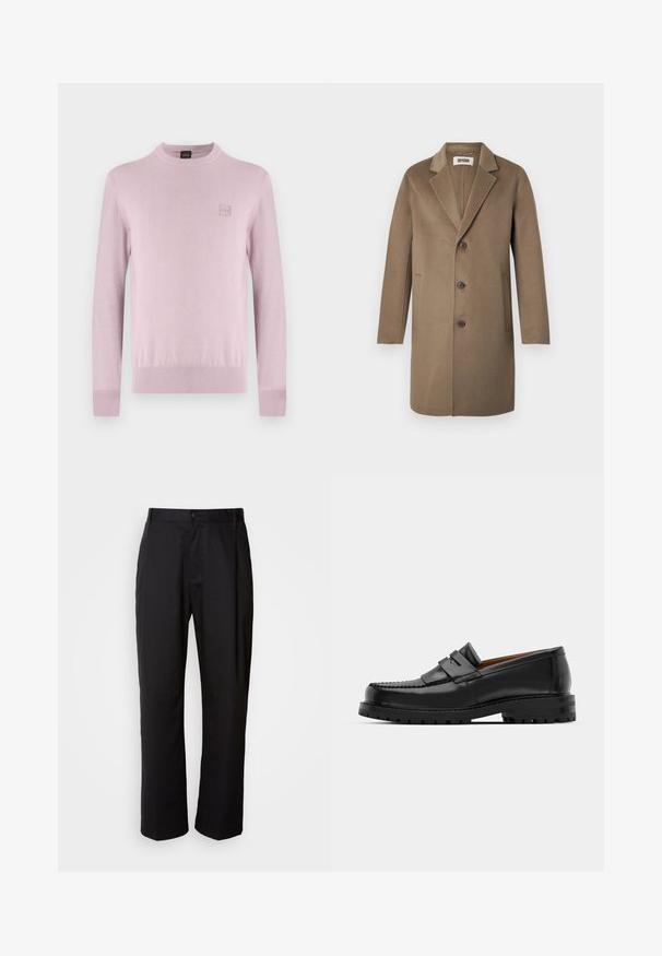 Hnědý vlněný kabát s klopami, třemi knoflíky, bočními kapsami a hladkým povrchem. Přiléhavý střih s klasickým designem.; Světlounce růžový svetr s kulatým výstřihem a dlouhými rukávy, s malou čtvercovou nášivkou s logem na levé straně hrudi, zobrazený na jednobarevném bílém pozadí.; Černé kalhoty s rovnými nohavicemi, vyrobené z lehké tkaniny. Mají přední zapínání na knoflík a dvě boční kapsy; hladká textura.; Černé kožené mokasíny mají zvýšený šev, dvě dekorativní pásky na svršku a silnou strukturovanou podrážku pro lepší přilnavost.