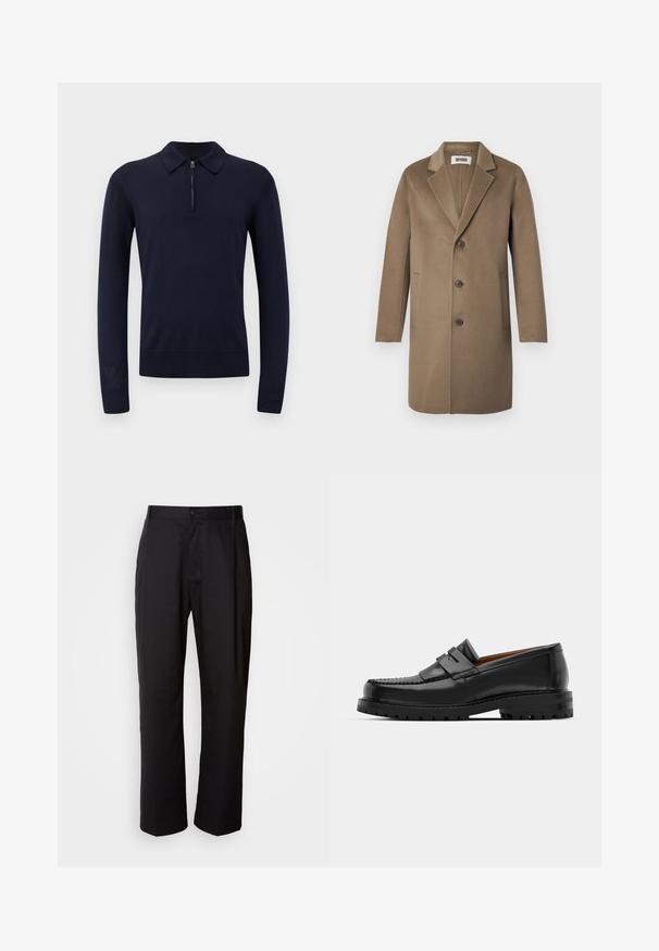 Brown wool overcoat with a notched lapel, three buttons, side pockets, and a smooth texture. Tailored fit with a classic design.; Navy knit polo sweater with a zip collar, long sleeves, ribbed cuffs, and a fitted hem. Smooth texture with a minimalistic design.; Black trousers with a straight cut, made of lightweight fabric. Features a front button closure and two side pockets; smooth texture.; Black leather loafers feature a raised seam, two decorative straps on the upper, and a thick textured sole for added grip.