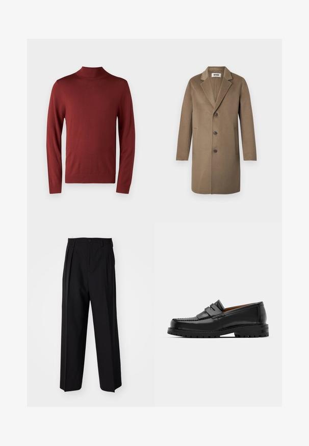 Brown wool overcoat with a notched lapel, three buttons, side pockets, and a smooth texture. Tailored fit with a classic design.; Red turtleneck sweater made of soft knit fabric, featuring long sleeves, ribbed cuffs and collar, with a smooth, even texture.; Black pleated trousers with a straight, wide-leg design. Made from smooth fabric, featuring a button closure and belt loops.; Black leather loafers feature a raised seam, two decorative straps on the upper, and a thick textured sole for added grip.
